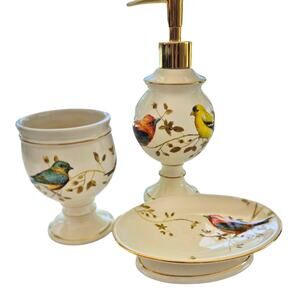 Gilded Birds Bathroom Soap Dish Lotion Dispenser Tumbler 3 Piece Set Like New